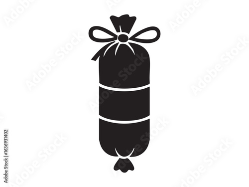 Black silhouette of sausage tied with bow, isolated on white background. concept of food, meat product, deli, icon, logo, design element, butcher, culinary illustration.