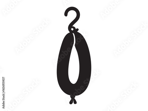 Black silhouette of sausage hanging on hook, isolated on white background. concept of food, meat product, cooking ingredient, charcuterie, culinary symbol, design element