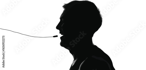 Silhouette of a man speaking into a microphone with a thin wire