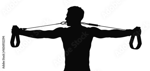 Silhouette of a muscular person performing a cable crossover exercise
