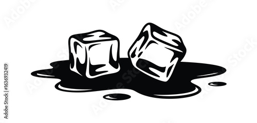 Two ice cubes melting in a puddle of water illustration