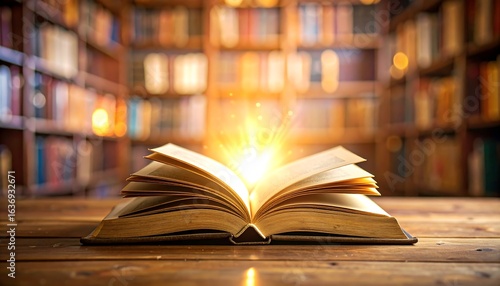 Open book glowing in library
