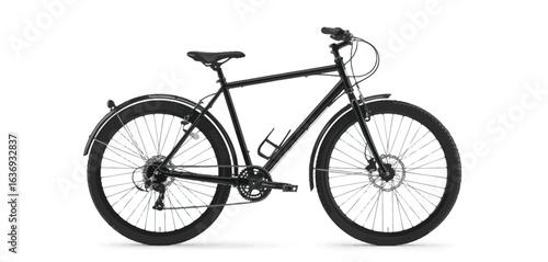 Modern black city bicycle with disc brakes and fenders