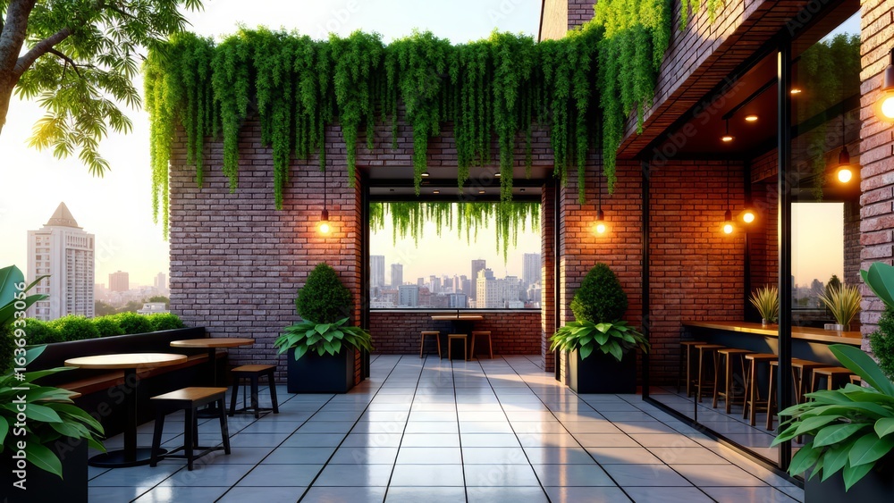 Rooftop cafe with cascading ivy and city view Rooftop cafe with cascading ivy and city view