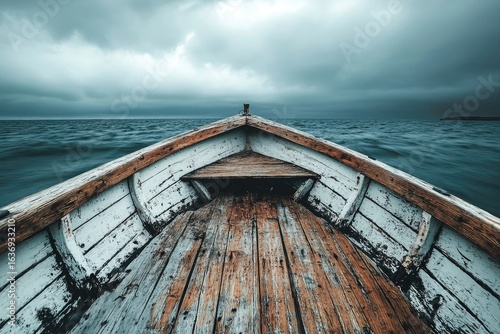 Wooden boat prow slicing through ocean waters under a moody, overcast sky, hinting at an imminent storm.