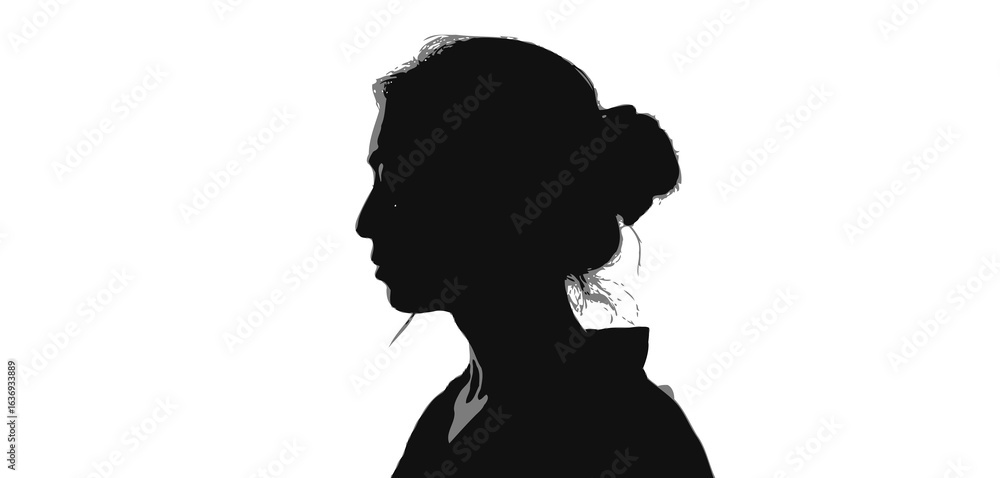 Silhouette of a young woman with her hair in a bun against a white background Silhouette of a young woman with her hair in a bun against a white background