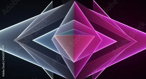 Glowing abstract triangles in pink and blue on dark background  