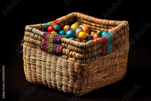 Vibrant woven basket overflowing with colorful decorative spheres, a charming accent for any festive or cultural display