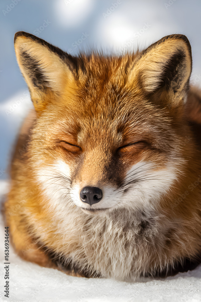 Fototapeta premium A red fox is calmly resting in a serene, snow-covered landscape, basking in the warm sunlight of a winter day