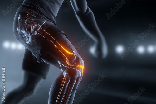 Runner with knee pain and injury, highlighted skeleton and joint inflammation, medical illustration and futuristic render