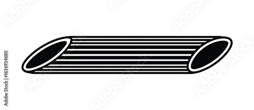 Black and white illustration of a single penne pasta noodle