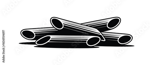 Hand drawn illustration of penne pasta tubes in black and white
