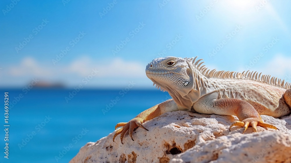 Fototapeta premium Galapagos Iguana lying in the sun on rock. Marine iguana is an endemic species in Galapagos Islands Animals, wildlife and nature of Ecuador. Funny, funky cool looking iguana