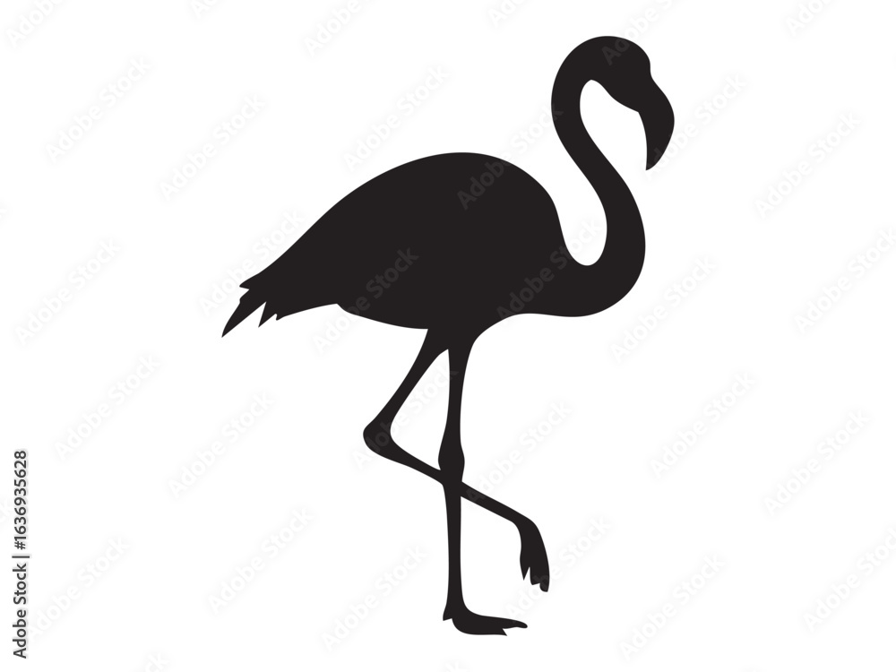 Fototapeta premium Black silhouette of elegant flamingo standing on one leg, isolated on white background. concept of bird, wildlife, grace, tropical nature, icon, logo, design element