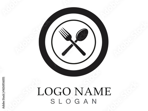 Culinary Symbol: A clean and modern logo featuring a fork and spoon elegantly crossed within a circular frame, conveying the essence of dining and culinary arts.