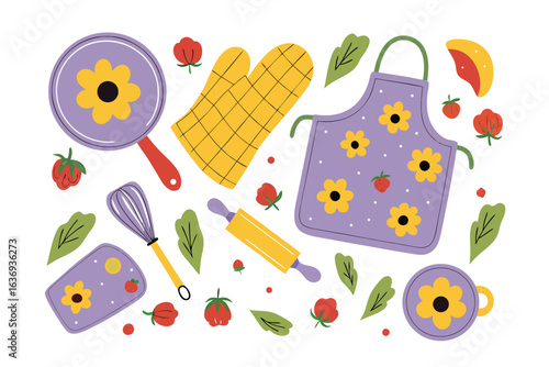 Kitchen essentials: An eye-level illustration of kitchen essentials is on display, depicting a vibrant array of kitchen tools, including a frying pan, an oven mitt, an apron, a whisk, a spatula.