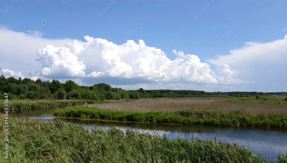 Fototapeta premium Scenic river bend, lush greenery, puffy clouds