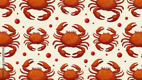 repeating pattern of orange crabs with red circles on a light background for textiles and design