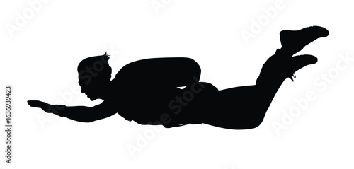 Silhouette of a skydiver in freefall against a white background