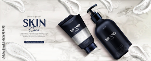 Beauty product cosmetics bottles skin care advertising on marble