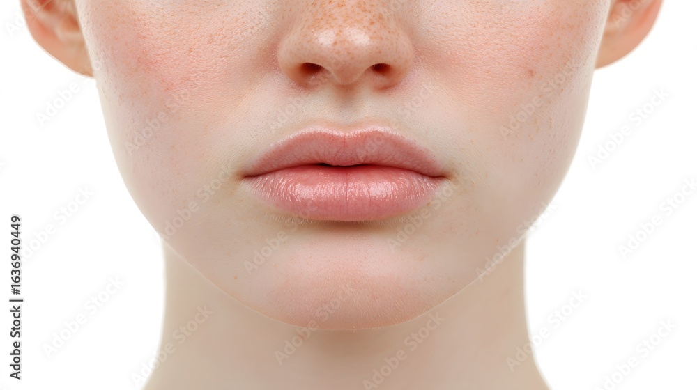 Obraz premium Closeup of Freckled Face Woman Lips and Nose Skin Texture