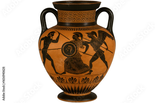 Ancient Greek amphora depicting warriors fighting with transparent background