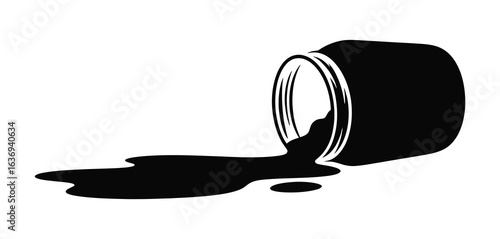 Black ink spills from an overturned container onto a white background