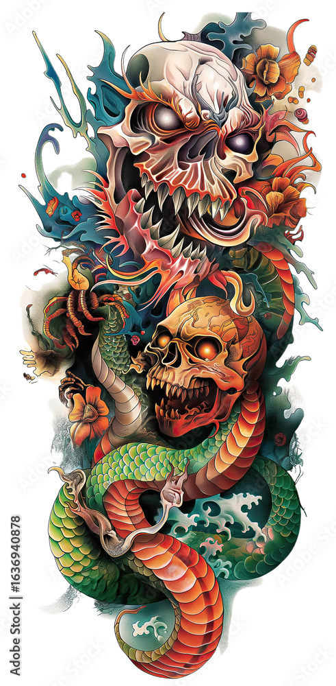 Naklejka premium Dragon and Skull Tattoo Design with Vibrant Colors