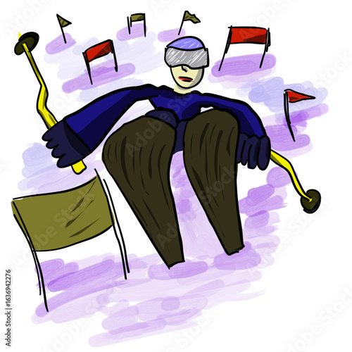 Vector hand drawn illustration of a skier. Alpine skiing. Traditional winter sport. Downhill skiing race. Skier competing in slalom. Slalom skiing.