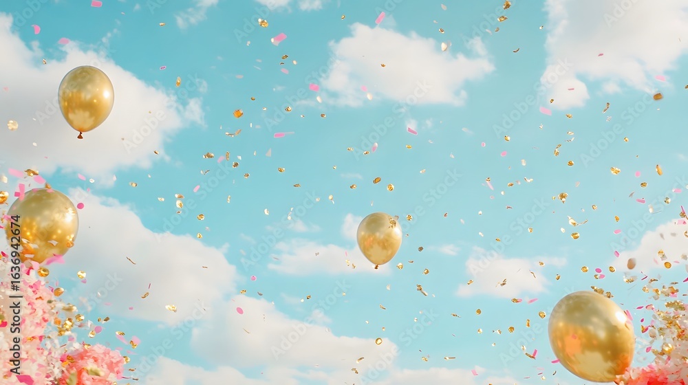 Fototapeta premium Golden Balloons and Confetti Celebration Sky
