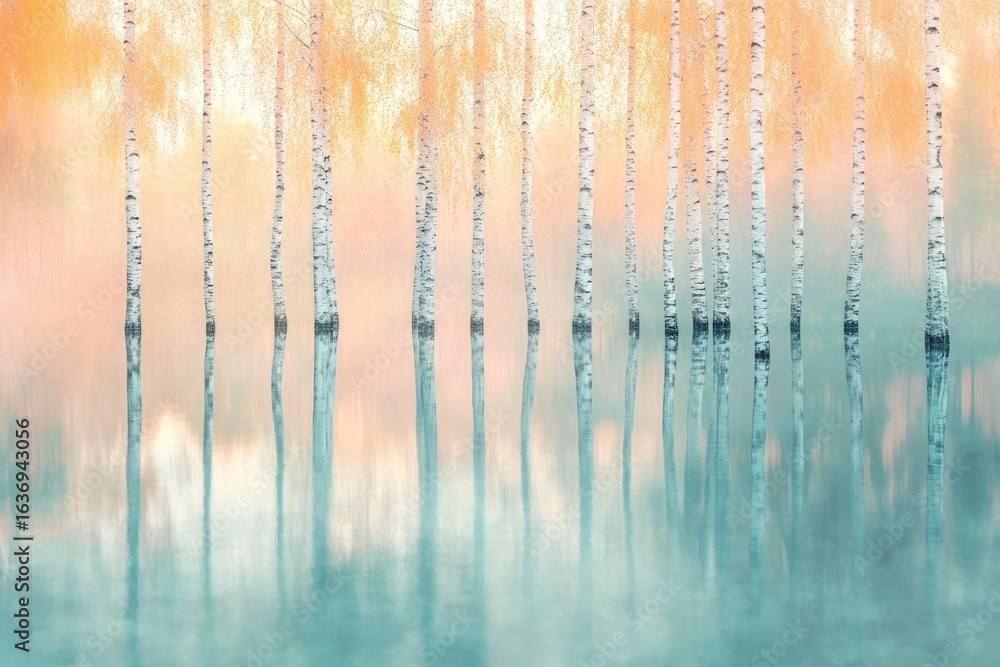 Obraz premium A serene forest scene with slender birch trees reflected in a soft, misty body of water, creating a tranquil atmosphere.