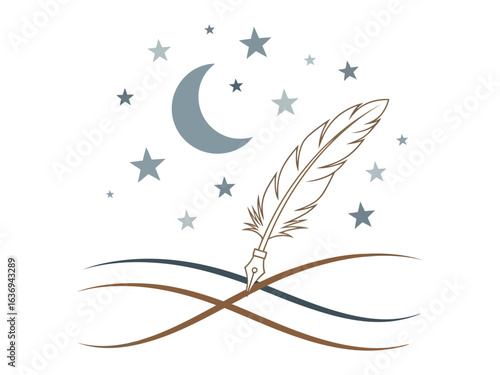 Celestial Quill: A graceful illustration, a quill pen takes center stage, its nib poised under a crescent moon and twinkling stars, evoking a sense of creativity, inspiration, and the night.