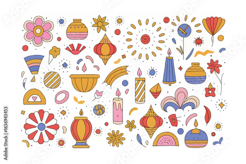 Vibrant Artistic Celebration: An artful and energetic collection of decorative ornaments. The diverse set encapsulates celebration, joy, and a lively, expressive ambiance.