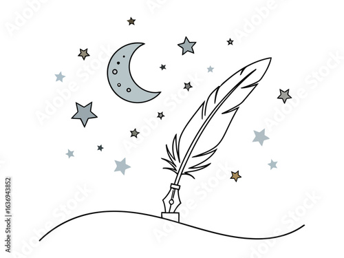 Poetic Night's Delight: A quill pen, poised at the edge of night, dances beneath a celestial tapestry of stars and moon, whispering tales of endless imagination.