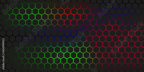 Abstract dark hexagon pattern on red neon background technology style. Modern futuristic geometric shape web banner design. You can use for cover template, poster, flyer, print ad. Vector 
