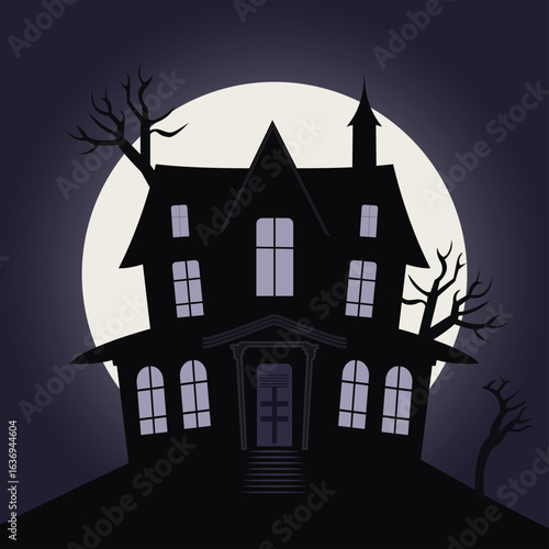 Haunted House Silhouette with Full Moon and Bare Trees at Night