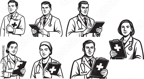 Diverse Team of Professional Doctors and Nurses: Black and White Vintage Medical Illustrations, Serious and Competent Mood.