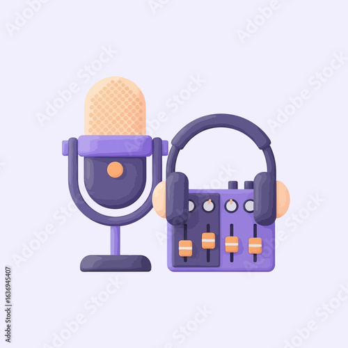 Microphone and audio mixer with headphones on a light background.