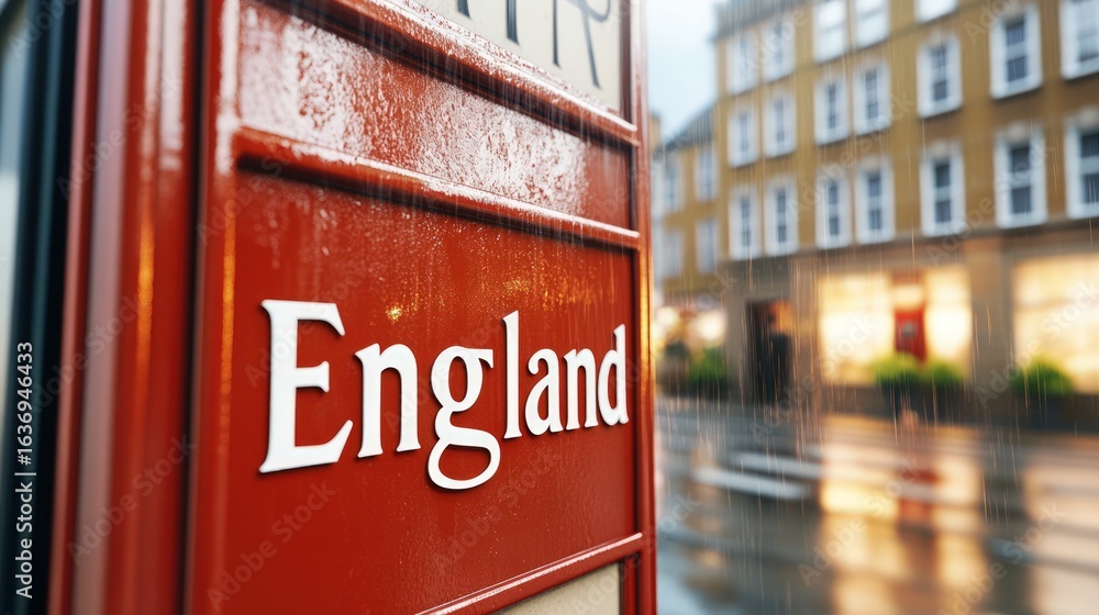 Fototapeta premium Rain falling on red telephone booth with word england on it, blurred urban street in background