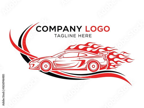 Speed Emblem: A dynamically designed emblem featuring a stylized sports car racing across a curved track, engulfed in flames, perfect for any business wanting to reflect speed and agility.