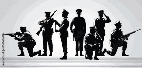 Silhouette of soldiers in uniform with rifles against a white background
