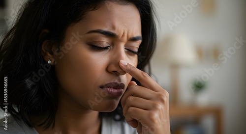 Intense Sinus Pain Closeup of a Woman Pressing Her Nose Bridge in Discomfort.