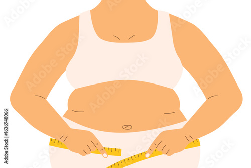woman suffering from obesity measures belly with tape; slow metabolism, weight gain concept; perfect for nutritionists, fitness trainers, weight loss clinics