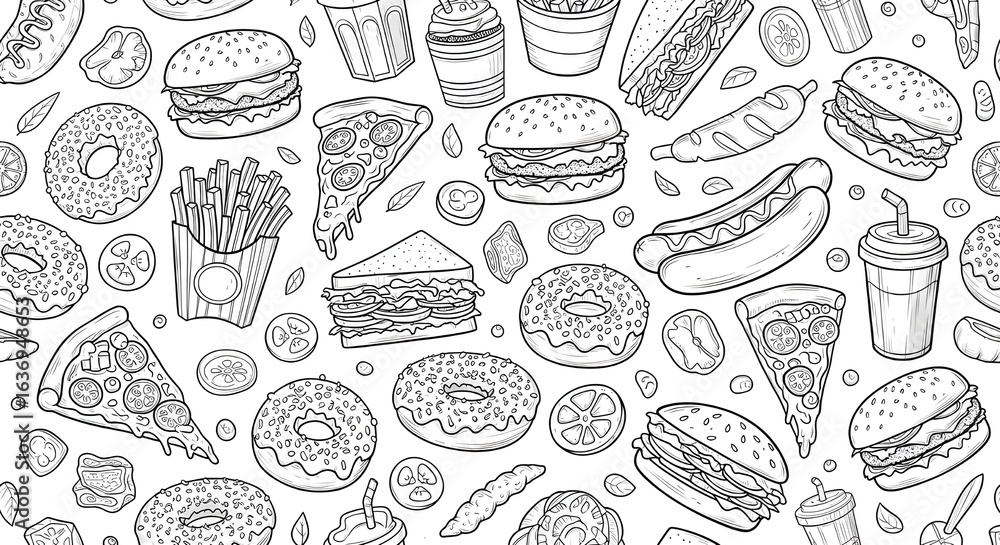 Fun cartoon food pattern illustration with hamburgers hot dogs pizza donuts sandwiches and fries in black line art on white background perfect for children design branding and digital media projects