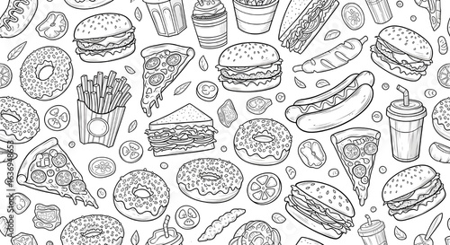 Fun cartoon food pattern illustration with hamburgers hot dogs pizza donuts sandwiches and fries in black line art on white background perfect for children design branding and digital media projects