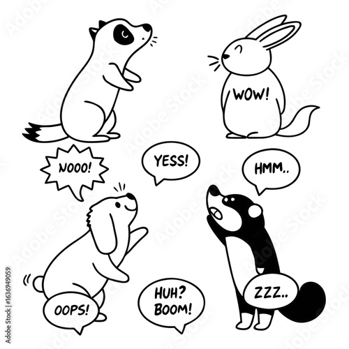 Cartoon animal characters illustration featuring dog rabbit skunk and ferret with speech bubbles art vector