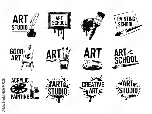 Art Logos Collage: A collection of diverse black and white art studio logos, with each design showcasing essential tools for painting, graphic, and visual creativity.