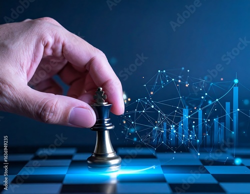 Hand holding a chess king over a chessboard with digital graphic overlays