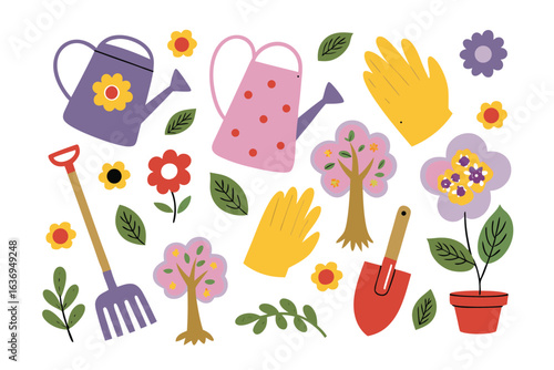 Springtime Garden Essentials: A delightful illustration of gardening tools, vibrant flowers, and flourishing plants, celebrating the joy of nurturing life and the art of cultivation.