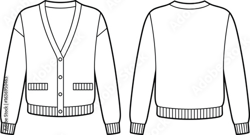 Cardigan sweater front and back view, V-neckline, button closure, ribbed cuffs, hem, pockets, fashion design